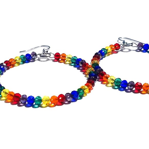 Rainbow Hoop Earrings/Chakra Crystal Earrings/ Pride Gift/ Large Hoop Earrings - Picture 1 of 3